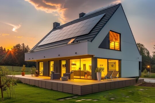 A modern eco-friendly house equipped with solar panels on the roof, capturing the warm rays of the setting sun