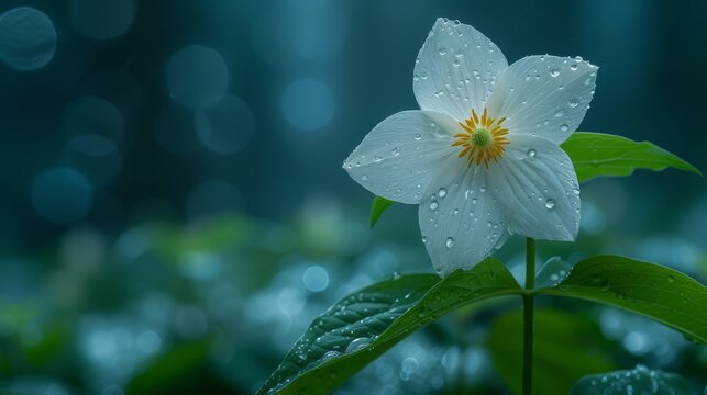   A white bloom atop a green plant; its heart a yellow center, dotted with water-kissed leaves