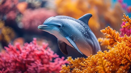   A dolphin swims among vibrant corals and seaweed in the foreground, while the backdrop features more corals and seaweed