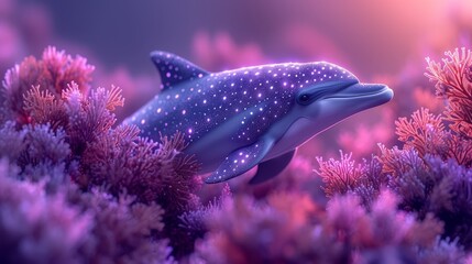  Dolphin swimming among corals in a sea of pink and purple algae - obrazy, fototapety, plakaty
