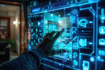 Fototapeta premium A person interacts with a holographic interface of a smart home