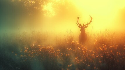   A deer stands in a field of tall grass with the sun shining through the trees behind it - obrazy, fototapety, plakaty