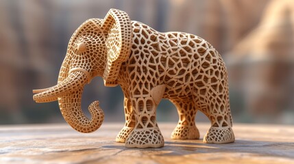   A wooden sculpture of an elephant, intricately decorated with patterning on its body and curved tusks