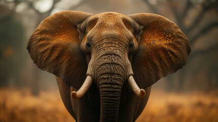   A tight shot of an elephant's face amidst a sea of tall grasses, dotted with trees in the distance - obrazy, fototapety, plakaty