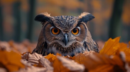   A tight shot of an owl among leaves, trees faintly blurred behind