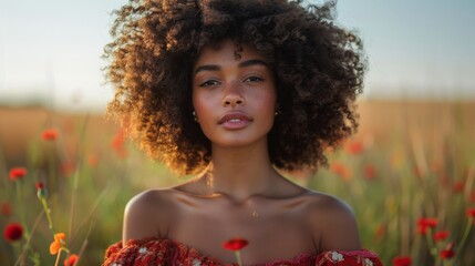 a black sexy woman with curly hair looking to camera with a smile