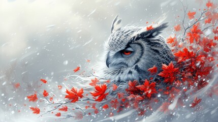  on a tree branch, sits an owl; red leaves in foreground; snowy backdrop