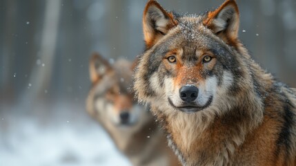   A couple of wolves standing next to each other in a snow-covered forest, surrounded by numerous snowflakes - obrazy, fototapety, plakaty