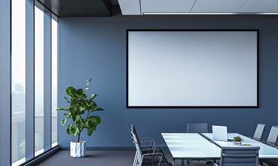 White empty projection screen on blue wall in the office meeting room.