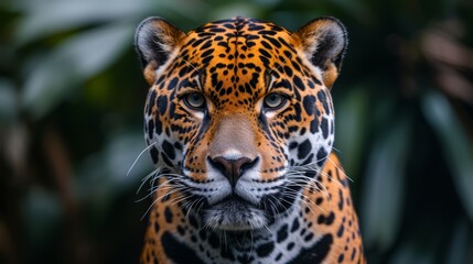   A tight shot of a tiger's face against a backdrop of verdant leaves