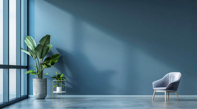 A lone armchair in an empty room with dark blue wall, big panoramic window, and potted plants.