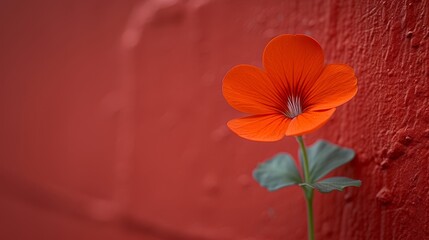   A red wall backdrop with a single flower and green stem in the foreground
