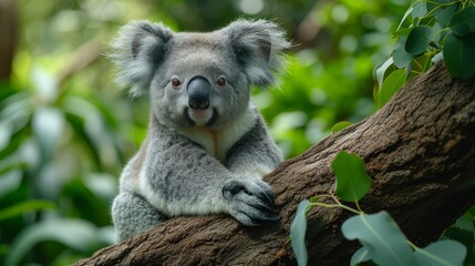   A koala up-close on a tree branch amidst background trees and foreground leaves