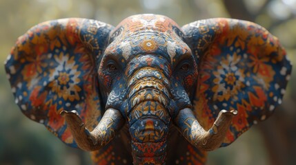   A tight shot of an elephant's painted head against a backdrop of trees