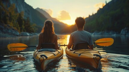 a young couple kayaking together in a lake in summer 
