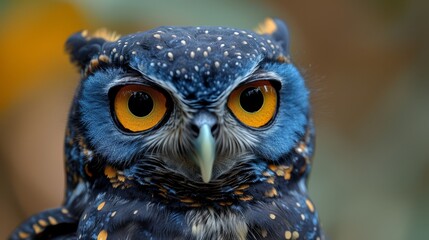   A tight shot of an owl's face, colored blue and yellow, adorned with bright orange dots in its white eye circles