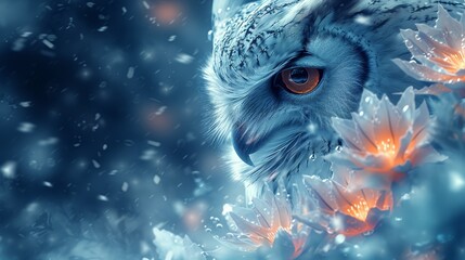   A tight shot of an owl's expressive face against a softly blurred backdrop of wintery trees, with snowflakes gently drifting around