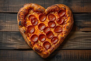 Pepperoni pizza in the shape of a heart on a wooden surface, directly above photo. - obrazy, fototapety, plakaty