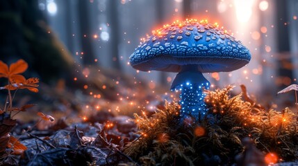   A blue mushroom sits in a forest, surrounded by an abundance of grass and flowers in the foreground - obrazy, fototapety, plakaty