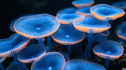   A cluster of blue mushrooms atop a verdant seaweed bed, illuminated by blue and orange fluorescent lights