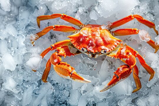 A vibrant red crab surrounded by crushed ice