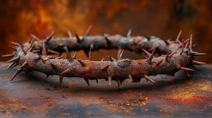   A tight shot of a crown of thorns against a weathered, rusted backdrop