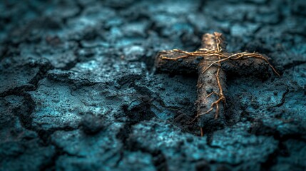   A cross lying on the ground, surrounded by dirt - obrazy, fototapety, plakaty