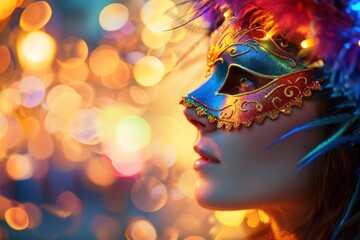 A woman's profile is adorned with a vibrant, feathered carnival mask - obrazy, fototapety, plakaty