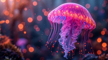   A tight shot of a jellyfish hovering above water, surrounded by numerous lights in the background - obrazy, fototapety, plakaty