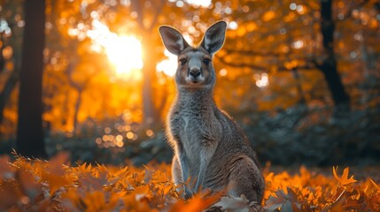   A kangaroo resting in a forest, sun illuminating tree tops and underbrush - obrazy, fototapety, plakaty