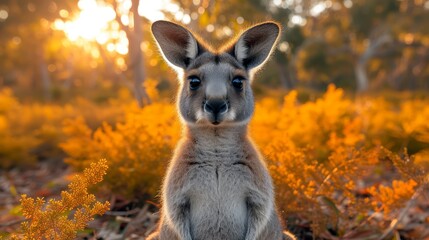   A tight shot of a kangaroo in a green grass expanse, dotted with trees Sunlight filters through tree canopies
