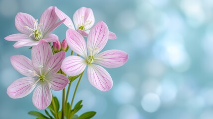   A group of pink blooms atop a verdant plant against a backdrop of hazy blue and white