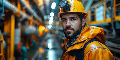 Oil worker in safety gear on an offshore oil rig working to extract oil Highrisk job with lucrative rewards. Concept Oil work safety, Offshore rig, High-risk job, Lucrative rewards, Extracting oil - obrazy, fototapety, plakaty
