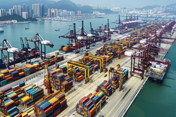 An aerial view shows the complex structure of a seaport containers, massive cranes and a loading cargo ship - obrazy, fototapety, plakaty