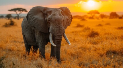 Fototapeta na wymiar An elephant in a grassy field, sun setting behind, tree in foreground