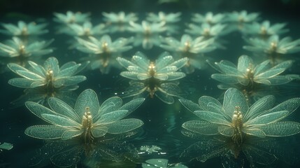 Fototapeta na wymiar A collection of water lilies atop a body of water, adjacent to a leafy green plant