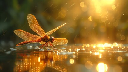  dragonfly perched on water's surface, sun shines behind - obrazy, fototapety, plakaty