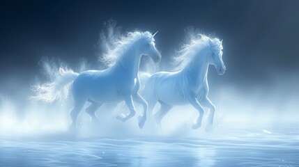   White horses gallop over tranquil waters, surrounded by a blue sky dotted with fluffy clouds