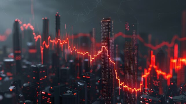 Digital city skyline with red and orange financial charts indicating market changes. Economy and trading concept
