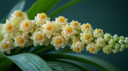   A tight shot of blooms against a dark blue background, their vibrant petals contrasting verdant leaves