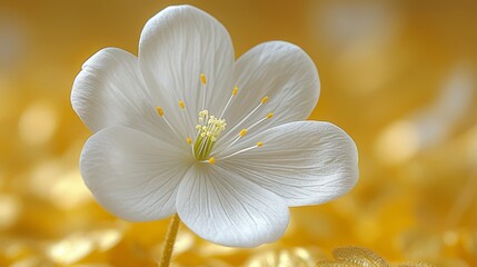   A white bloom against a yellow-white backdrop, featuring yellow stamens; gold speckles in the foreground