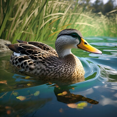 Duck swimming in the lake. Beautiful bird on nature background.