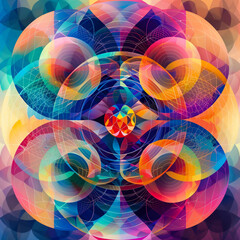 Colorful abstract digital art composed of overlapping circles and polygons with texture and optical illusion effect.