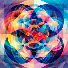 Colorful abstract digital art composed of overlapping circles and polygons with texture and optical illusion effect.