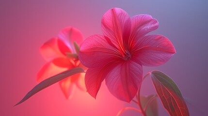   A flower in focus against a pink and blue backdrop, with a softly blurred flower image behind