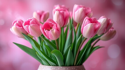 Fototapeta premium A pink table holds a vase with pink tulips Nearby, a pink and white wall stands