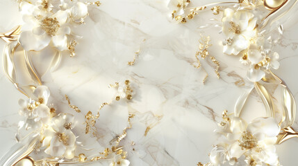 Intricate golden flowers patterned on pristine white marble, capturing elegance. Generative AI