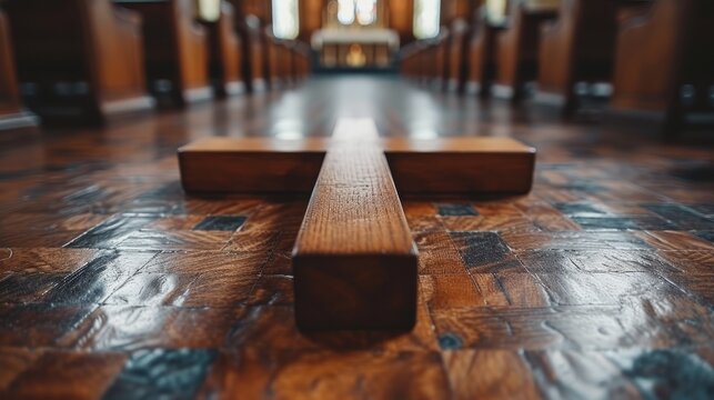   A bench made of wood sits centrally in a room, flanked by pews on both sides Another row of pews is aligned against the opposite wall