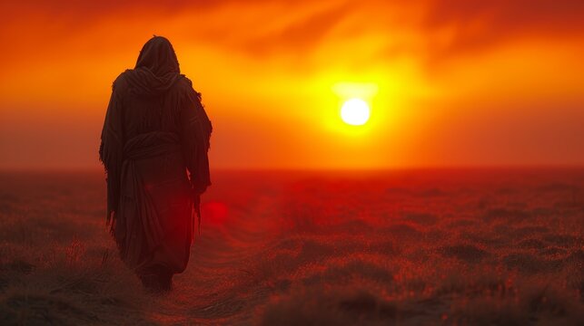   Person in field, sun setting behind, red foreground sky