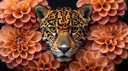   A tight shot of a leopard's face against an orange flower-adorned foreground, backdrop shrouded in black - obrazy, fototapety, plakaty